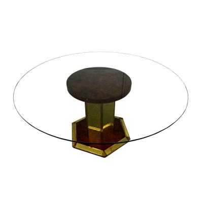 60 Henredon Round Brass Burl Wood Glass Top Center Dining Table hold