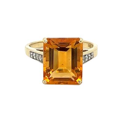 7 Carat Emerald Cut Citrine and Round Cut Diamond Ring in 14k Yellow Gold