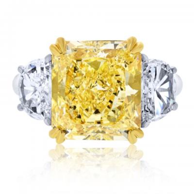 7 carat Radiant Cut Diamond Fancy Yellow Three Stone Diamond Engagement Ring