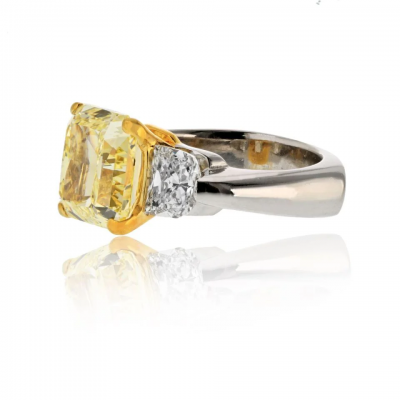 7 carat Radiant Cut Fancy Intense Yellow GIA Three Stone Diamond Engagement Ring