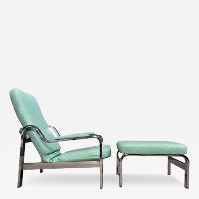 70s Teal Leather and Chrome Lounge Chair and Ottoman