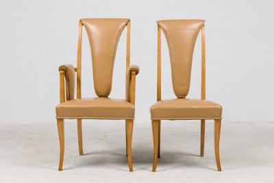 8 English Art Deco Maple High Back Dining Chairs