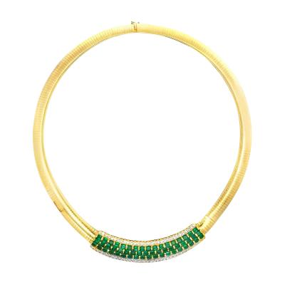 9 6 Carat Natural Emerald Diamond Herringbone Style 18K Gold Necklace