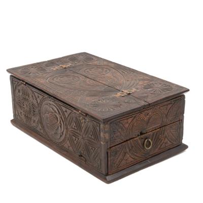 A 17th Century Carved Oak Box With Side Drawer Dated 1655