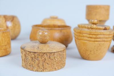 A Beautiful Set of 9 Unique Curly Birch Cases and Bowls Finland 20th Century