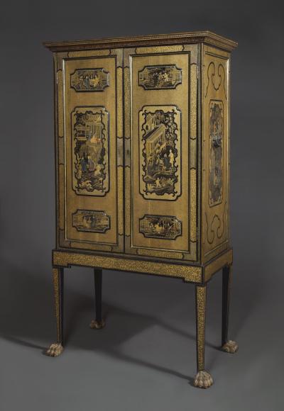 A Black Lacquer Polychrome And Two Color Gilt Cabinet On Original Stand