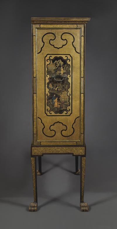 A Black Lacquer Polychrome And Two Color Gilt Cabinet On Original Stand