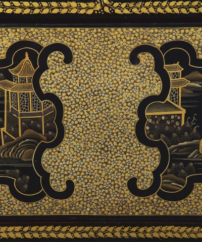 A Black Lacquer Polychrome And Two Color Gilt Cabinet On Original Stand