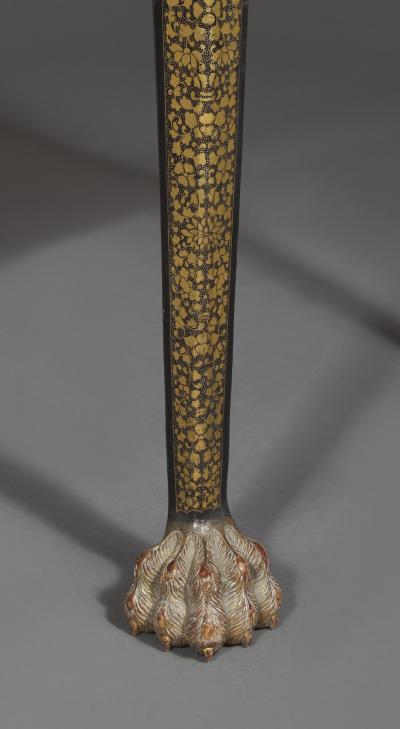 A Black Lacquer Polychrome And Two Color Gilt Cabinet On Original Stand