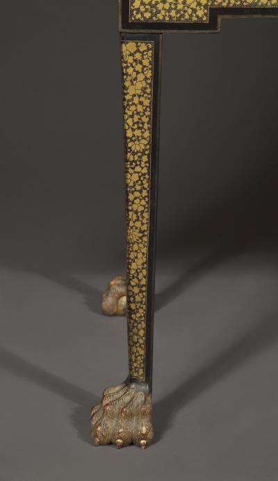 A Black Lacquer Polychrome And Two Color Gilt Cabinet On Original Stand
