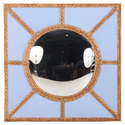 A Bold Geometric Blue Glass and Gold Resin Convex Wall Mirror