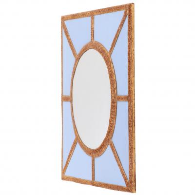 A Bold Geometric Blue Glass and Gold Resin Convex Wall Mirror