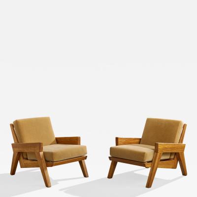 A Brandt Ranch Oak Lounge Chairs with Mohair and Oak USA 1950s