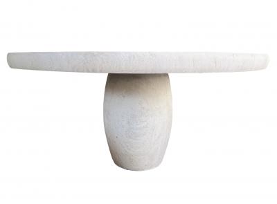 A Carved French Limestone Round Dining Center Table with Barrel form Base