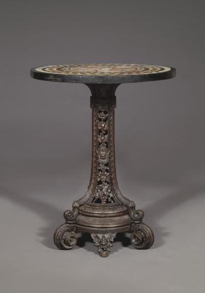 A Cast Iron Center Table With Specimen Marble Top Of Geometric Design