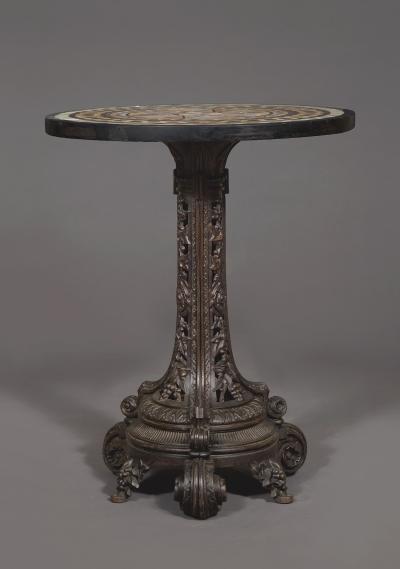A Cast Iron Center Table With Specimen Marble Top Of Geometric Design