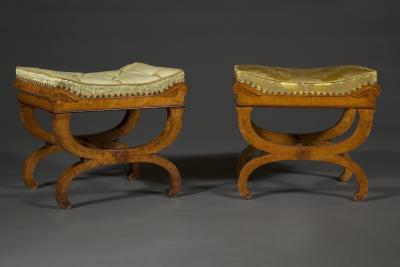 A Charming pair of birds eye maple and amaranth inlaid X form stools