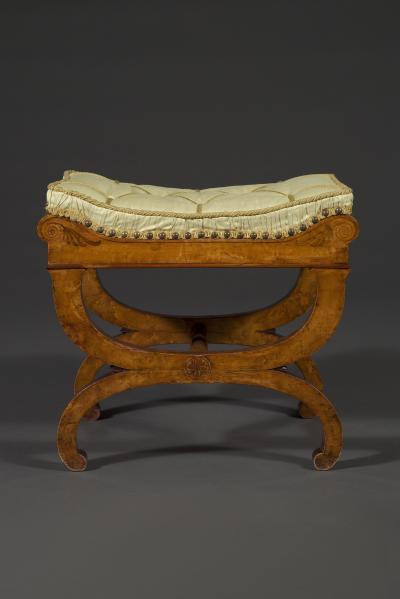 A Charming pair of birds eye maple and amaranth inlaid X form stools