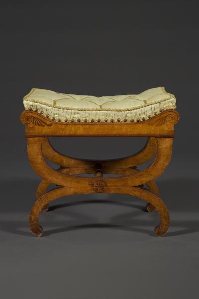 A Charming pair of birds eye maple and amaranth inlaid X form stools