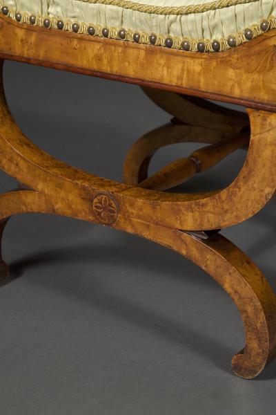 A Charming pair of birds eye maple and amaranth inlaid X form stools
