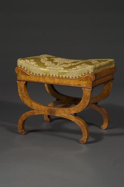 A Charming pair of birds eye maple and amaranth inlaid X form stools