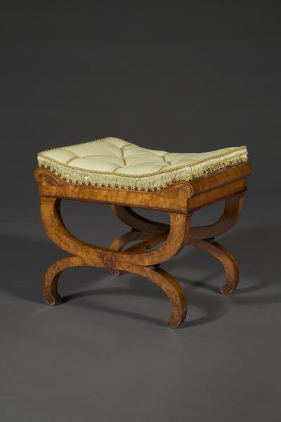 A Charming pair of birds eye maple and amaranth inlaid X form stools