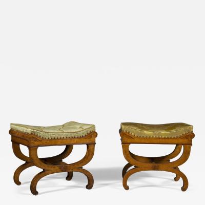 A Charming pair of birds eye maple and amaranth inlaid X form stools