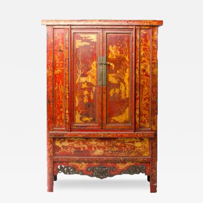 A Chinoiserie red lacquered wardrobe 19th C 