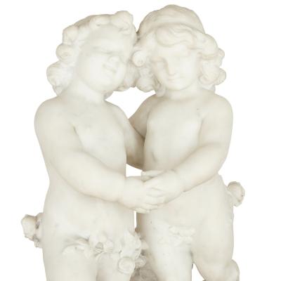 A Duch 19th Century white marble group of two cherubs by A Duch 