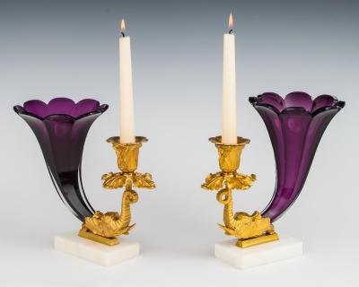 A FINE PAIR OF EARLY VICTORIAN AMETHYST CORNUCOPIA CANDLESTICKS
