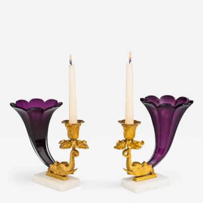 A FINE PAIR OF EARLY VICTORIAN AMETHYST CORNUCOPIA CANDLESTICKS