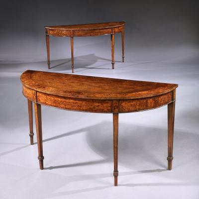 A FINE PAIR OF GEORGE III BURR YEW WOOD AND MAHOGANY D SHAPED SIDE TABLES