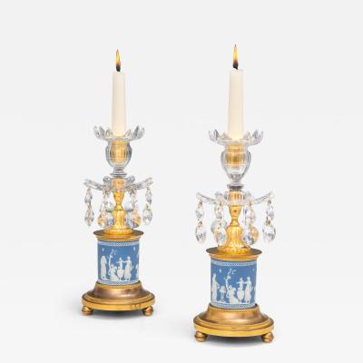 A FINE PAIR OF GEORGE III CUT GLASS ORMOLU MOUNTED JASPER WARE CANDLESTICKS