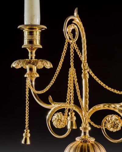 A FINE PAIR OF ORMOLU AND BRONZE TEMPLE CANDELABRA