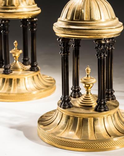 A FINE PAIR OF ORMOLU BRONZE GEORGE III TEMPLE CANDLESTICKS