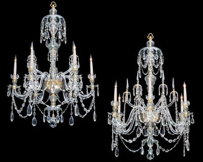 A FINE PAIR OF SIX LIGHT ORMOLU MOUNTED CUT GLASS ANTIQUE CHANDELIERS