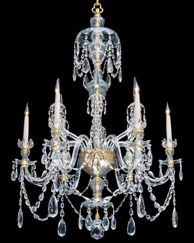 A FINE PAIR OF SIX LIGHT ORMOLU MOUNTED CUT GLASS ANTIQUE CHANDELIERS