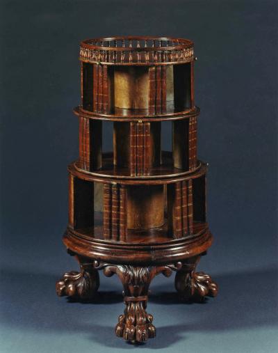 A FINE REGENCY ROSEWOOD WEDDING CAKE REVOLVING CIRCULAR BOOKCASE