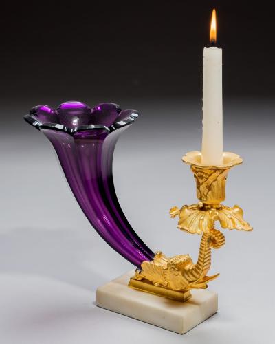 A FINE SET OF FOUR EARLY VICTORIAN AMETHYST CORNUCOPIA CANDLESTICKS