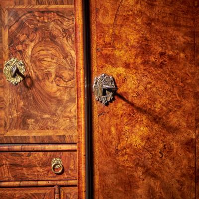 A Fine 17th Century William and Mary Burl Walnut Cabinet on Chest Circa 1690