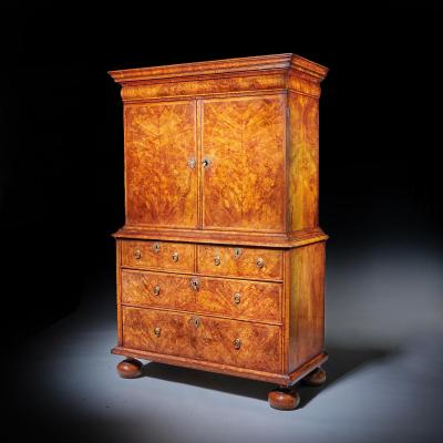 A Fine 17th Century William and Mary Burl Walnut Cabinet on Chest Circa 1690