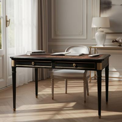 A Fine Black Louis XVI Style Leather Writing Table Desk Bureau Plat ca 1950