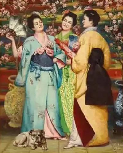 A Fine French Japonisme Oil on Canvas Painting of Three Geishas C 1900