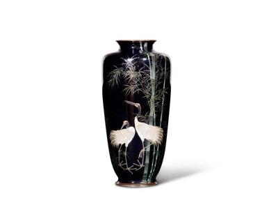 A Fine Large Japanese Cloisonne Enamel Cobalt Blue Vase with Cranes Hayashi