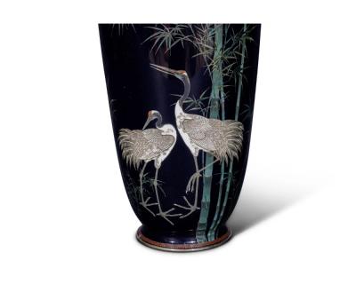 A Fine Large Japanese Cloisonne Enamel Cobalt Blue Vase with Cranes Hayashi