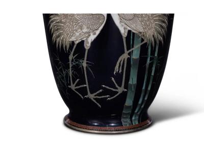 A Fine Large Japanese Cloisonne Enamel Cobalt Blue Vase with Cranes Hayashi