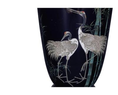A Fine Large Japanese Cloisonne Enamel Cobalt Blue Vase with Cranes Hayashi