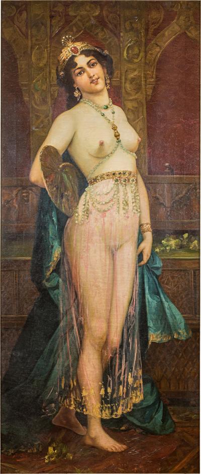 A Fine Orientalist Painting of a Beautiful Half Nude Odalisque Holding a Fan