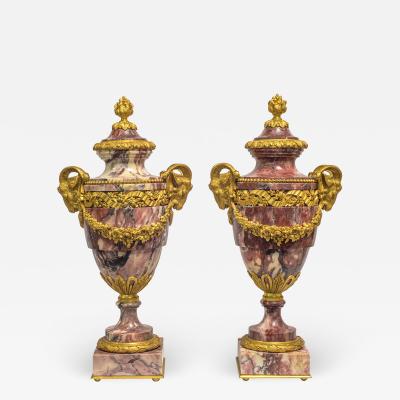 A Fine Quality Pair of Rouge Marble and Gilt Bronze Urns