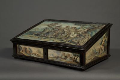 A Fine and Rare Slope Front Silkwork and Watercolor Decorated Writing Box